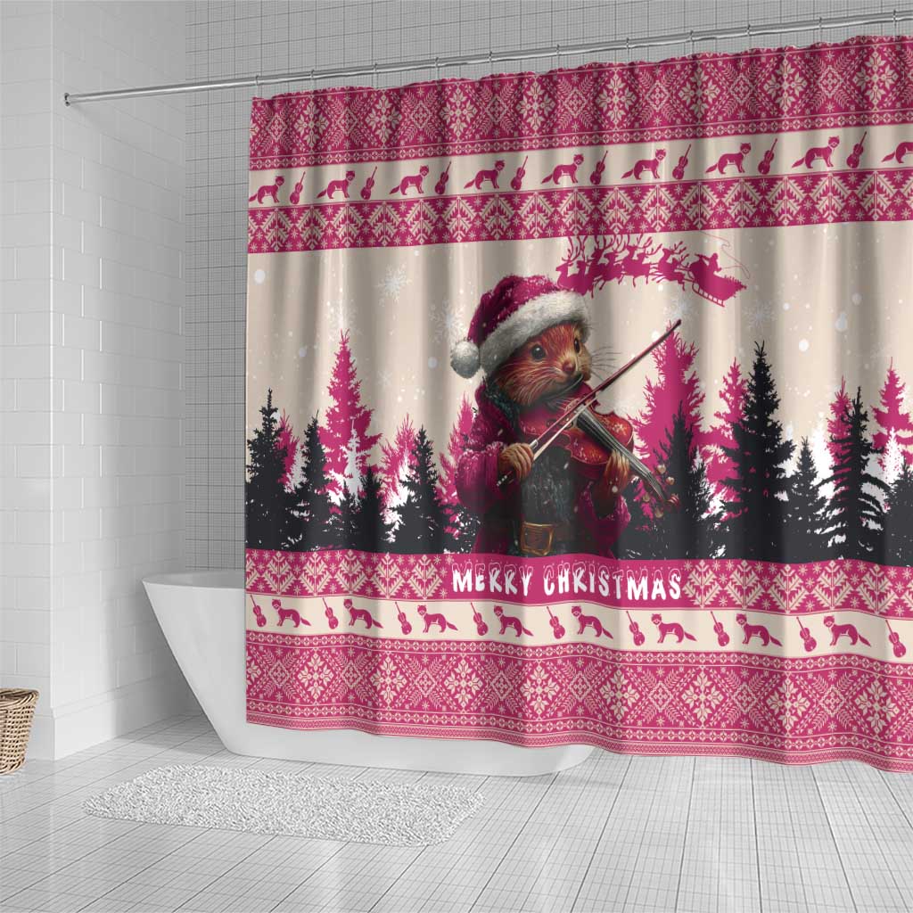 Croatia Christmas Shower Curtain Pine Marten Playing Violin - Dark Pink Color