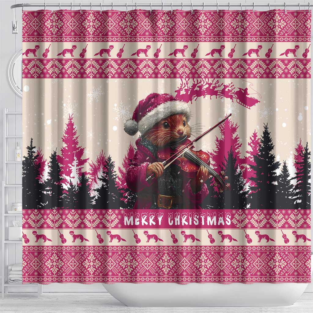 Croatia Christmas Shower Curtain Pine Marten Playing Violin - Dark Pink Color