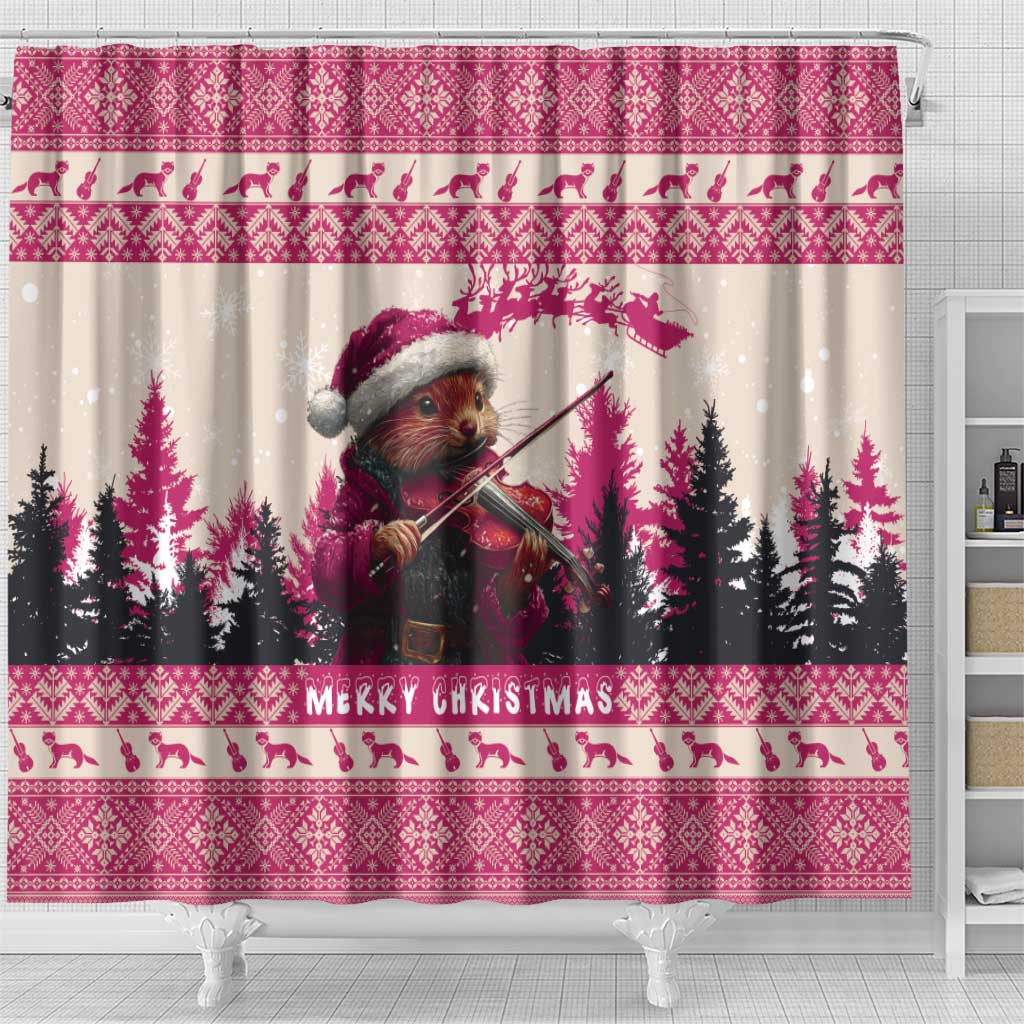 Croatia Christmas Shower Curtain Pine Marten Playing Violin - Dark Pink Color