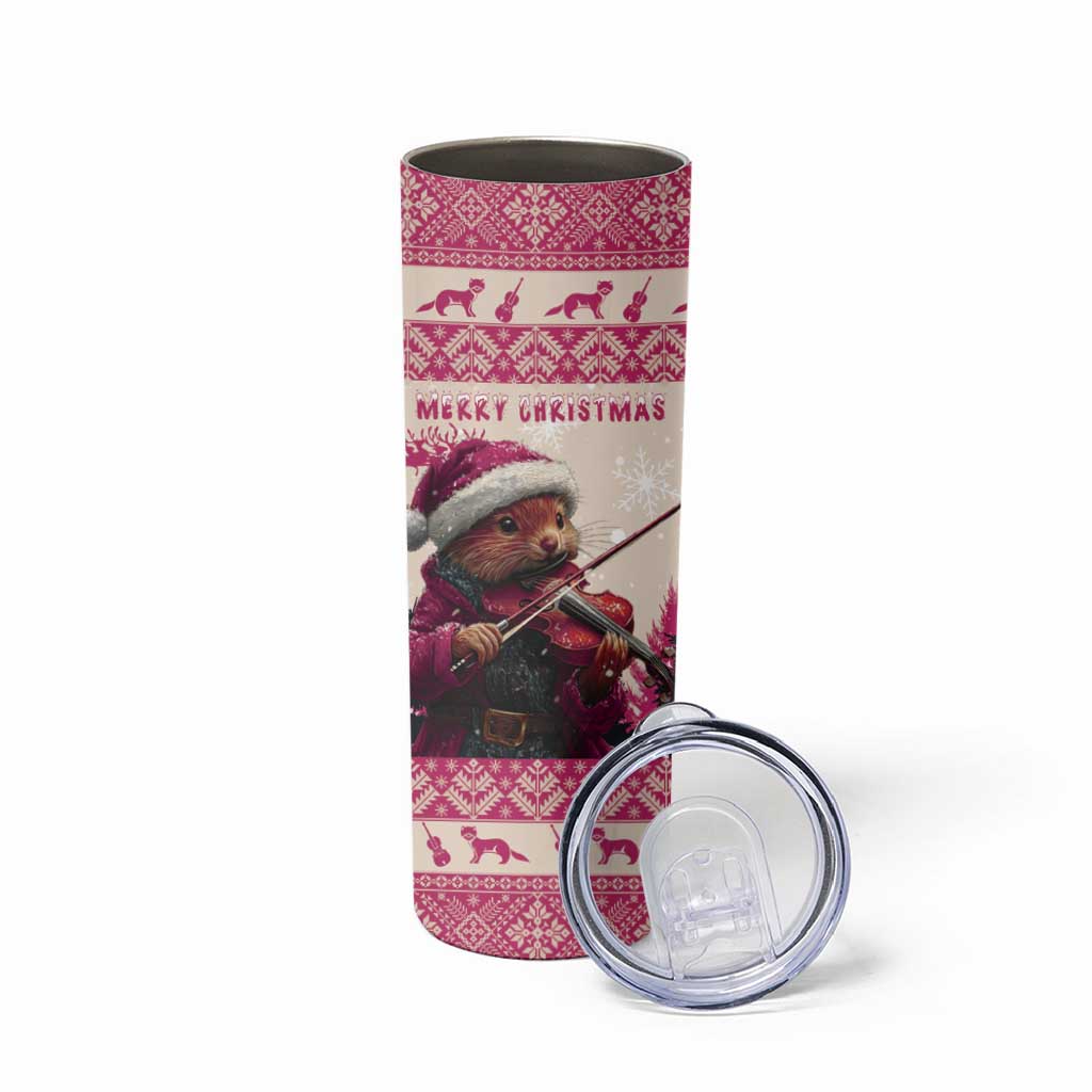 Croatia Christmas Skinny Tumbler Pine Marten Playing Violin - Dark Pink Color - Wonder Print Shop