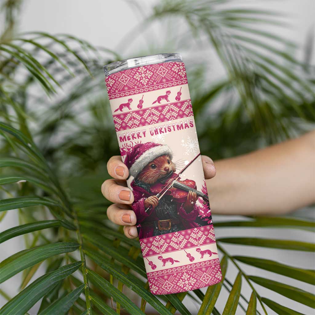 Croatia Christmas Skinny Tumbler Pine Marten Playing Violin - Dark Pink Color - Wonder Print Shop