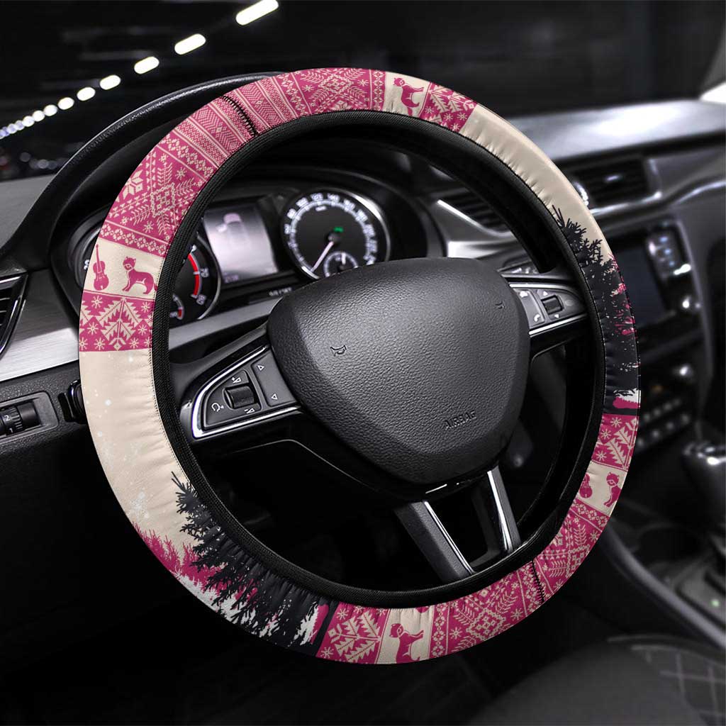 Croatia Christmas Steering Wheel Cover Pine Marten Playing Violin - Dark Pink Color - Wonder Print Shop