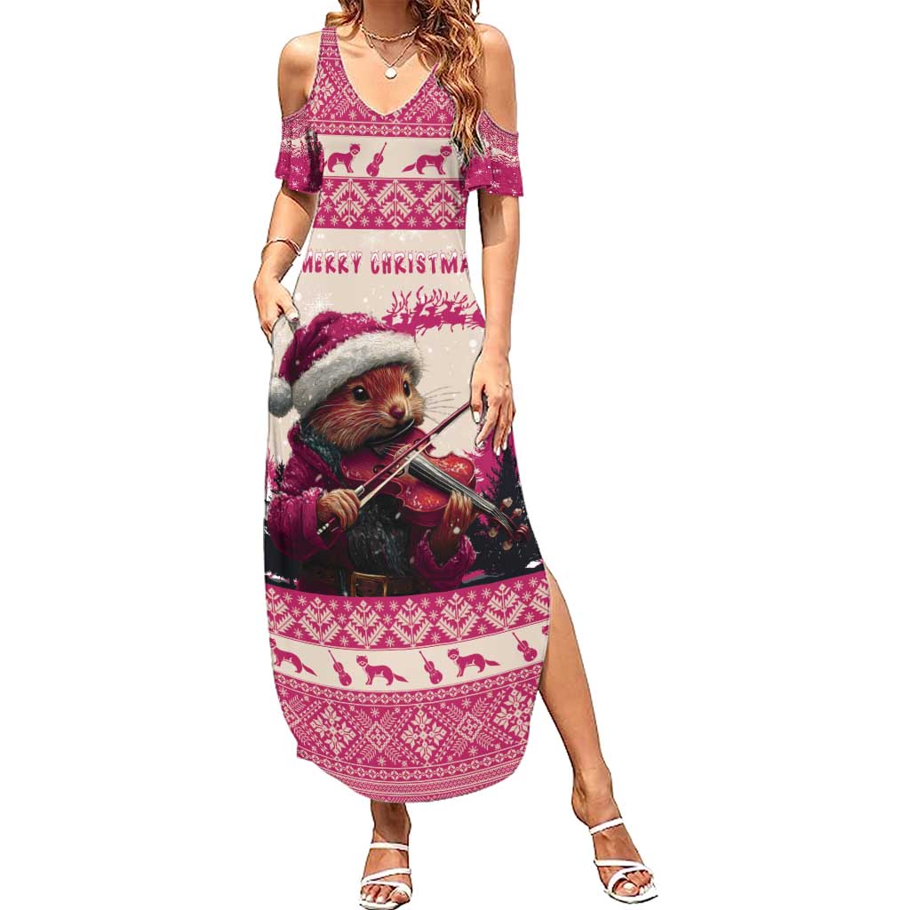 Croatia Christmas Summer Maxi Dress Pine Marten Playing Violin - Dark Pink Color - Wonder Print Shop
