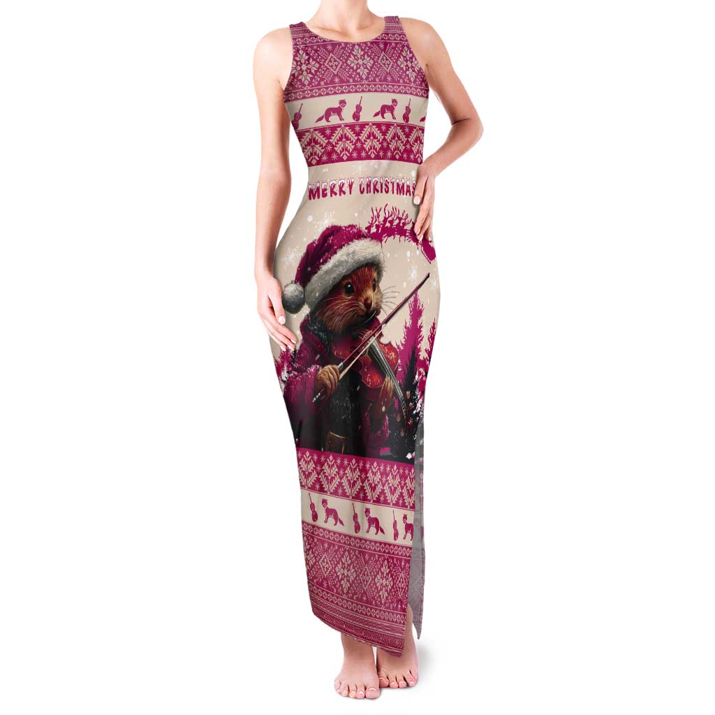 Croatia Christmas Tank Maxi Dress Pine Marten Playing Violin - Dark Pink Color - Wonder Print Shop