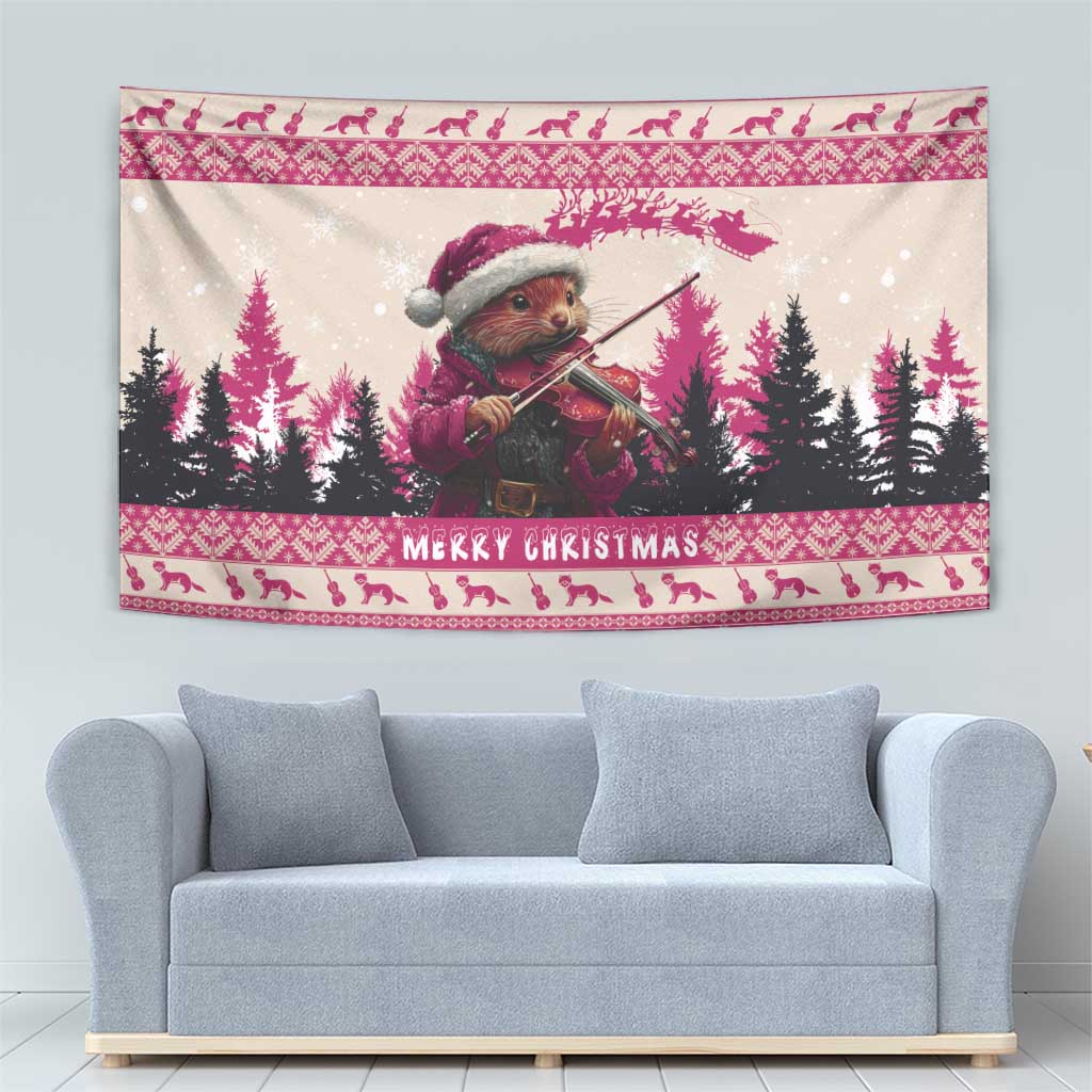 Croatia Christmas Tapestry Pine Marten Playing Violin - Dark Pink Color - Wonder Print Shop