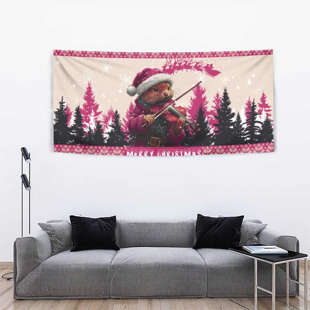 Croatia Christmas Tapestry Pine Marten Playing Violin - Dark Pink Color - Wonder Print Shop