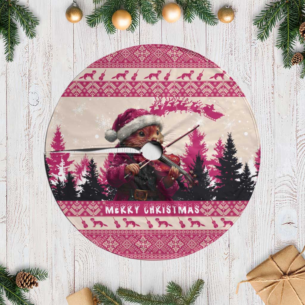 Croatia Christmas Tree Skirt Pine Marten Playing Violin - Dark Pink Color - Wonder Print Shop