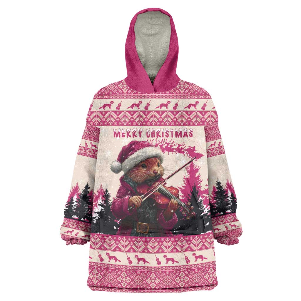 Croatia Christmas Wearable Blanket Hoodie Pine Marten Playing Violin - Dark Pink Color - Wonder Print Shop