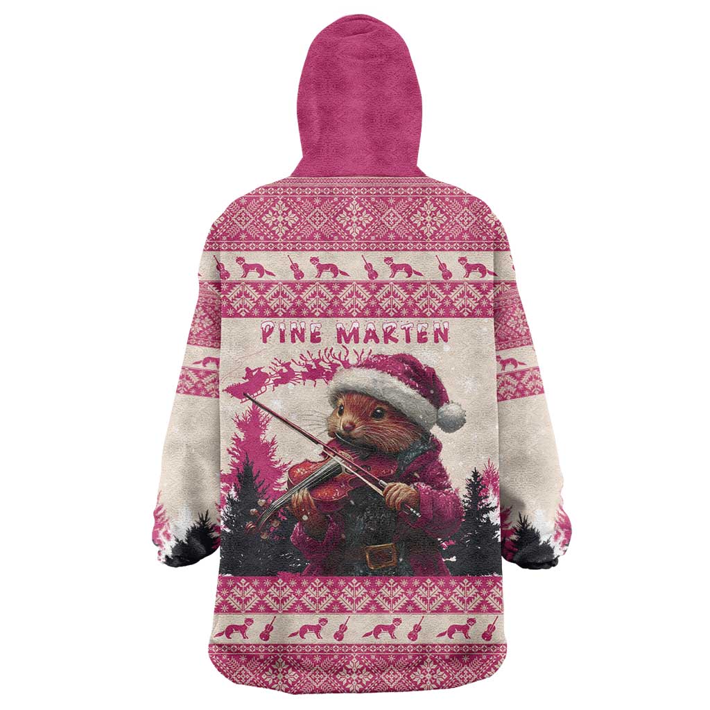 Croatia Christmas Wearable Blanket Hoodie Pine Marten Playing Violin - Dark Pink Color - Wonder Print Shop