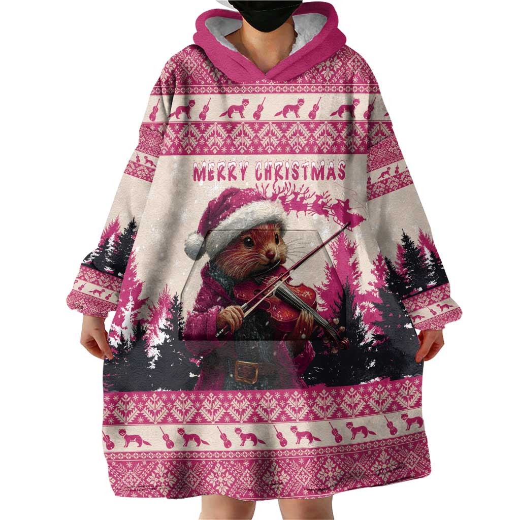 Croatia Christmas Wearable Blanket Hoodie Pine Marten Playing Violin - Dark Pink Color - Wonder Print Shop
