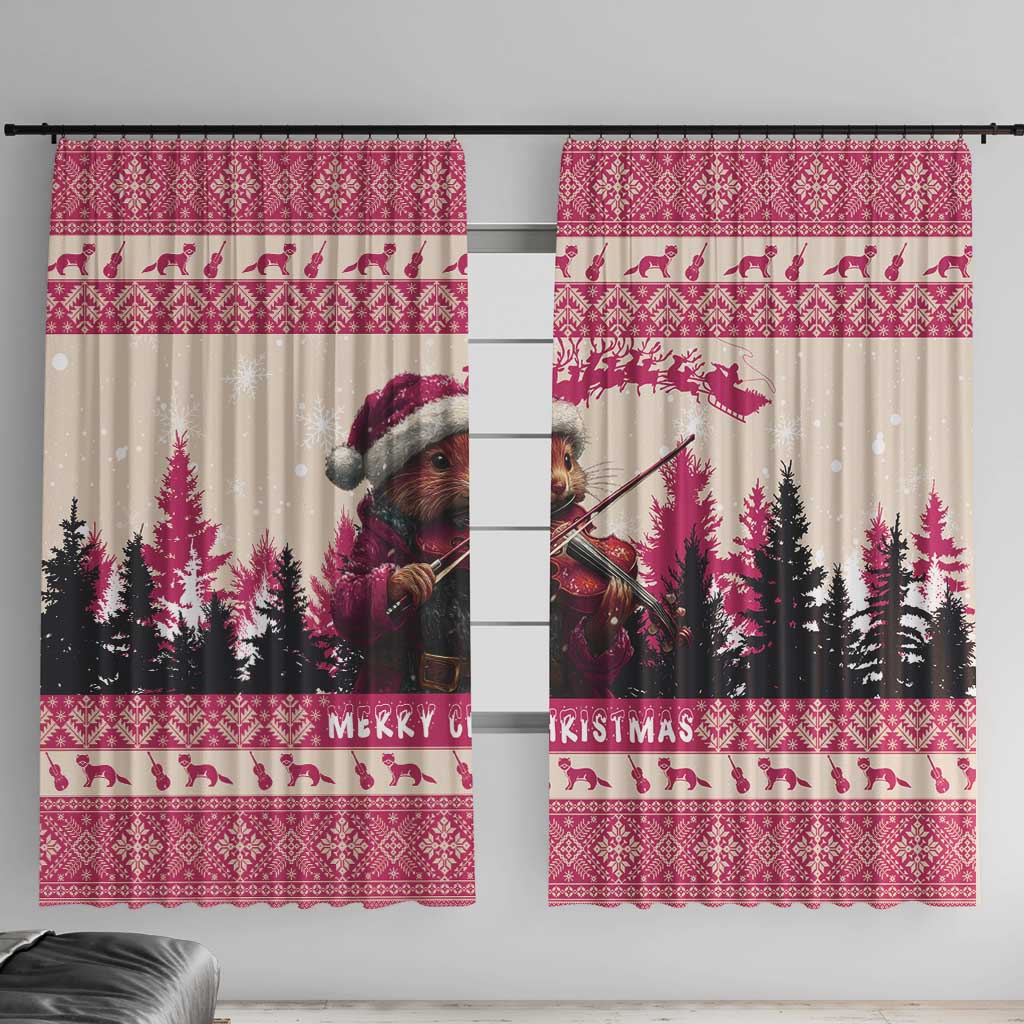Croatia Christmas Window Curtain Pine Marten Playing Violin - Dark Pink Color - Wonder Print Shop