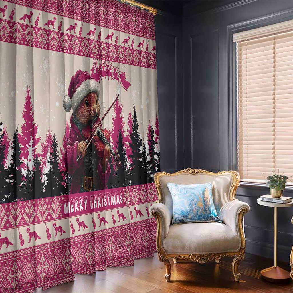 Croatia Christmas Window Curtain Pine Marten Playing Violin - Dark Pink Color - Wonder Print Shop
