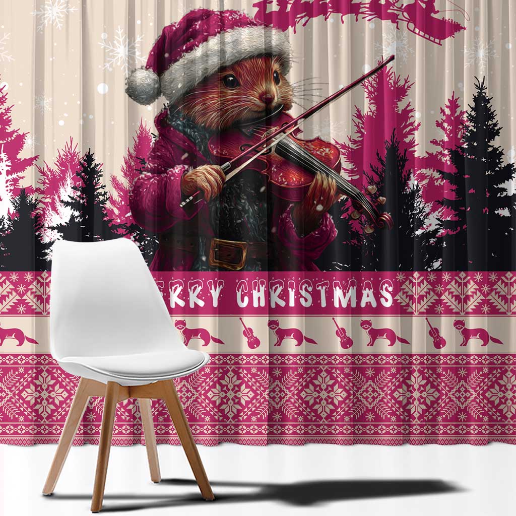 Croatia Christmas Window Curtain Pine Marten Playing Violin - Dark Pink Color - Wonder Print Shop