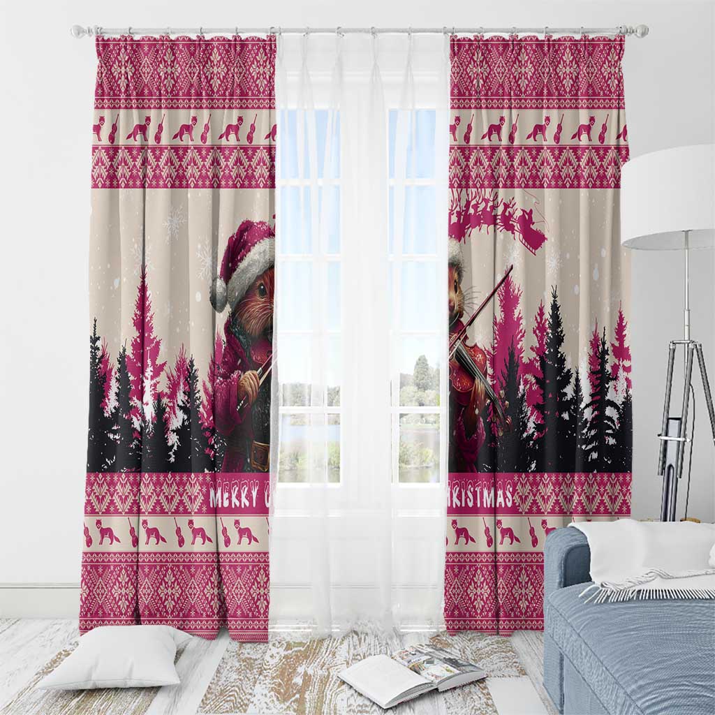 Croatia Christmas Window Curtain Pine Marten Playing Violin - Dark Pink Color - Wonder Print Shop