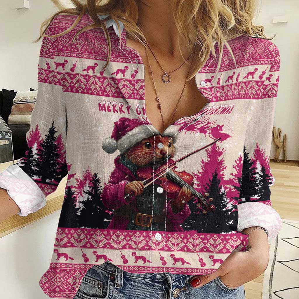 Croatia Christmas Women Casual Shirt Pine Marten Playing Violin - Dark Pink Color - Wonder Print Shop