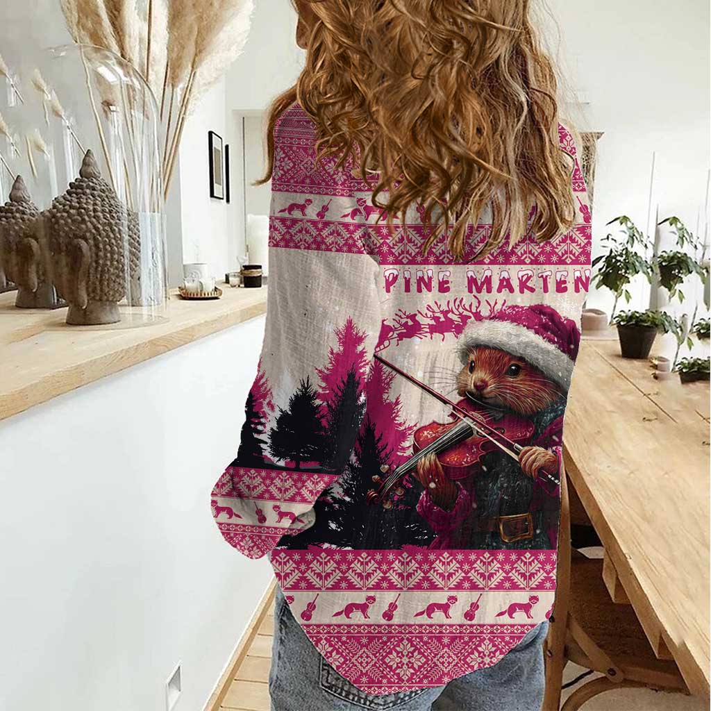 Croatia Christmas Women Casual Shirt Pine Marten Playing Violin - Dark Pink Color - Wonder Print Shop