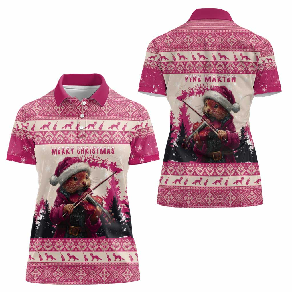 Croatia Christmas Women Polo Shirt Pine Marten Playing Violin - Dark Pink Color - Wonder Print Shop