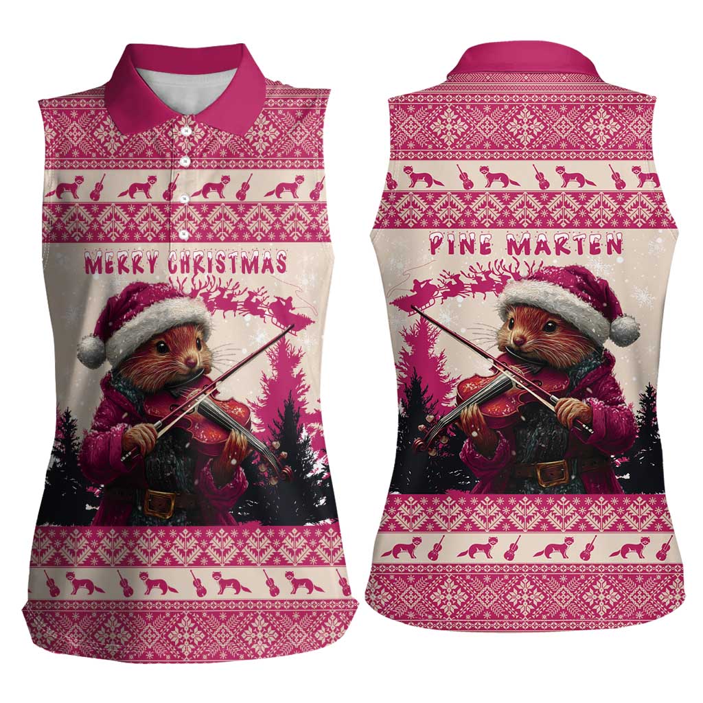Croatia Christmas Women Sleeveless Polo Shirt Pine Marten Playing Violin - Dark Pink Color - Wonder Print Shop