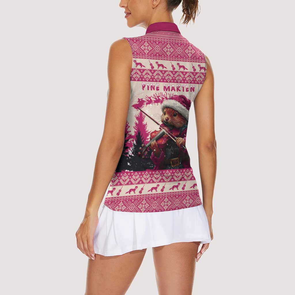 Croatia Christmas Women Sleeveless Polo Shirt Pine Marten Playing Violin - Dark Pink Color - Wonder Print Shop