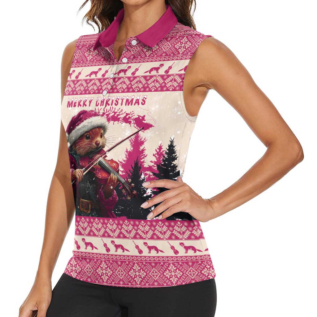 Croatia Christmas Women Sleeveless Polo Shirt Pine Marten Playing Violin - Dark Pink Color - Wonder Print Shop
