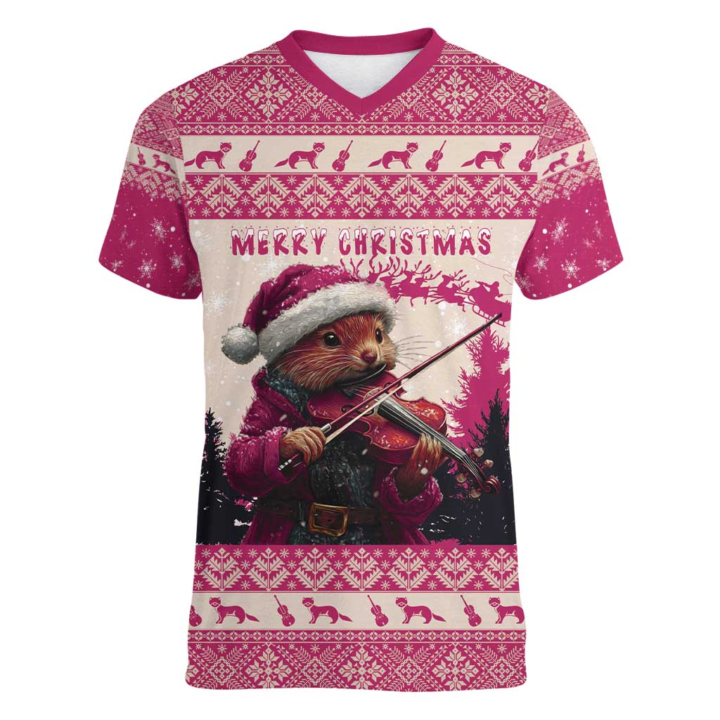 Croatia Christmas Women V-Neck T-Shirt Pine Marten Playing Violin - Dark Pink Color - Wonder Print Shop
