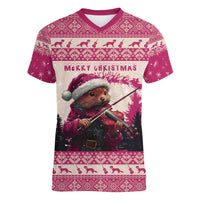 Croatia Christmas Women V-Neck T-Shirt Pine Marten Playing Violin - Dark Pink Color - Wonder Print Shop