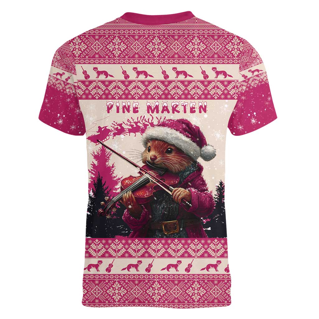 Croatia Christmas Women V-Neck T-Shirt Pine Marten Playing Violin - Dark Pink Color - Wonder Print Shop
