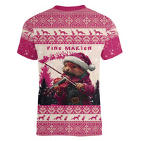 Croatia Christmas Women V-Neck T-Shirt Pine Marten Playing Violin - Dark Pink Color - Wonder Print Shop