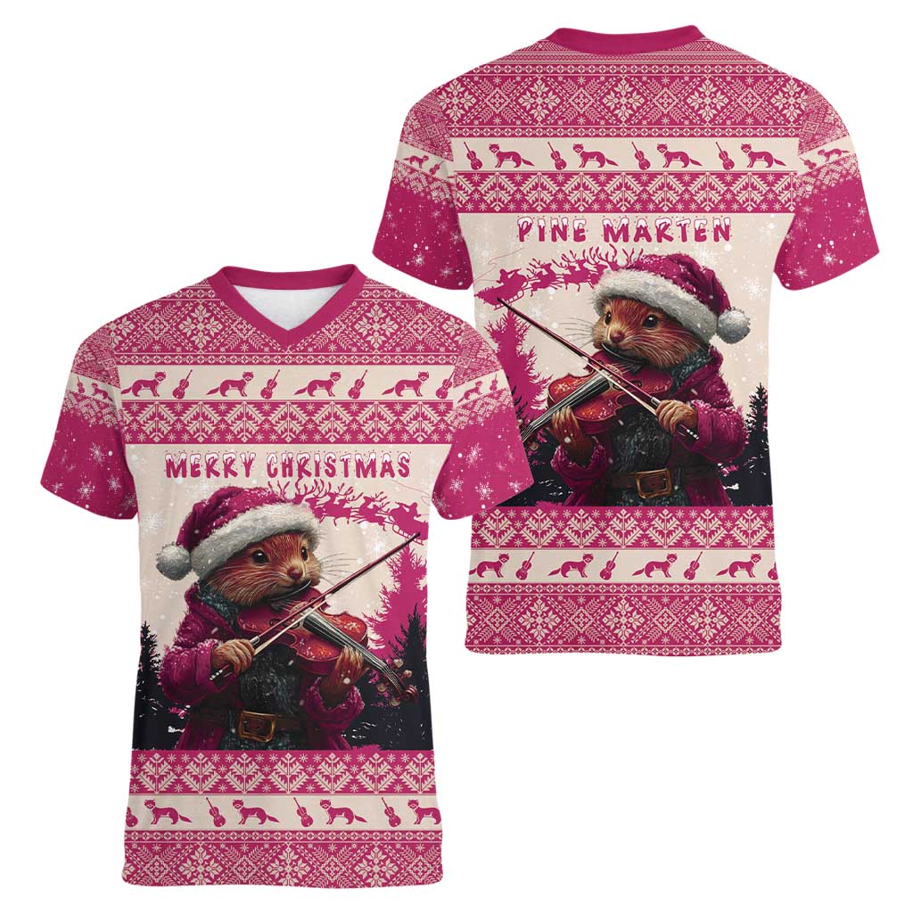 Croatia Christmas Women V-Neck T-Shirt Pine Marten Playing Violin - Dark Pink Color - Wonder Print Shop