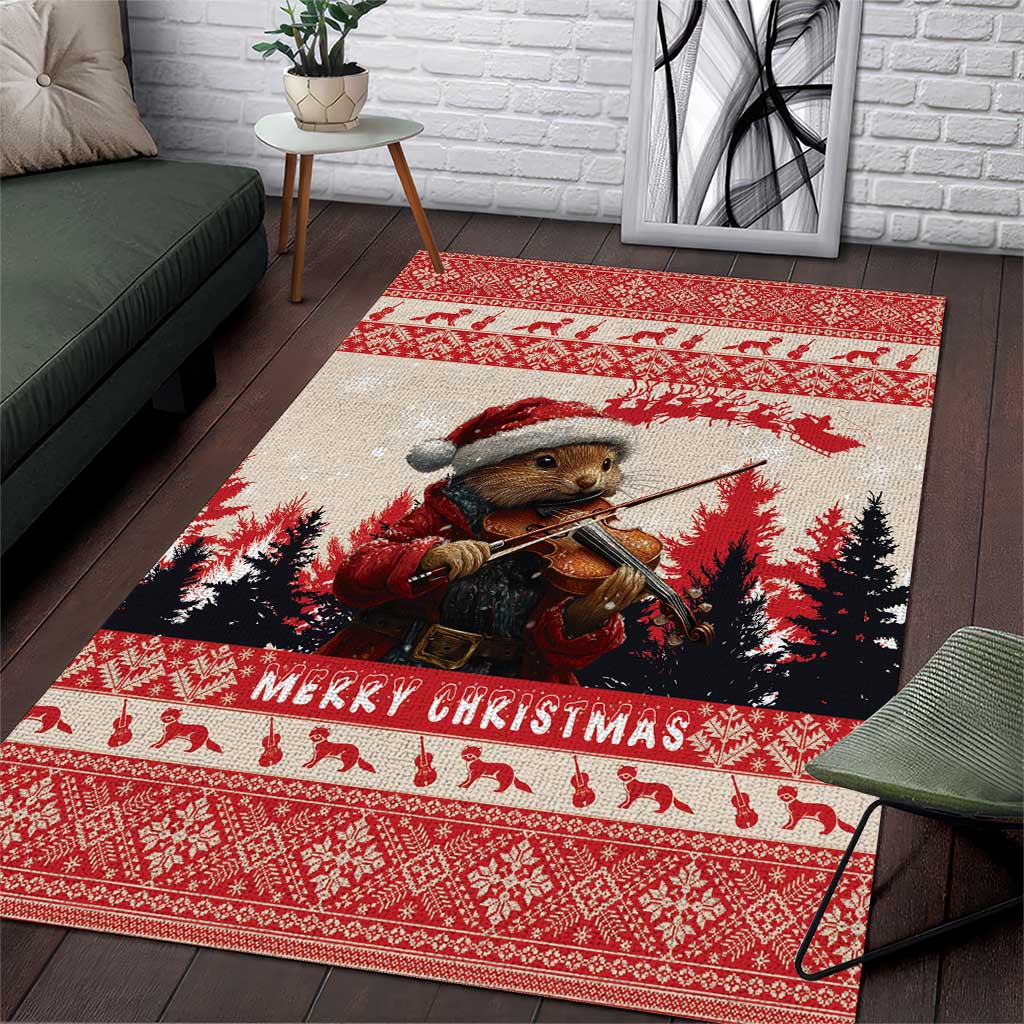 Croatia Christmas Area Rug Pine Marten Playing Violin - Red Color - Wonder Print Shop