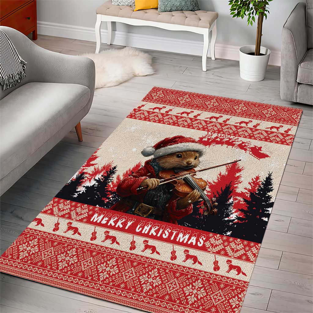Croatia Christmas Area Rug Pine Marten Playing Violin - Red Color - Wonder Print Shop