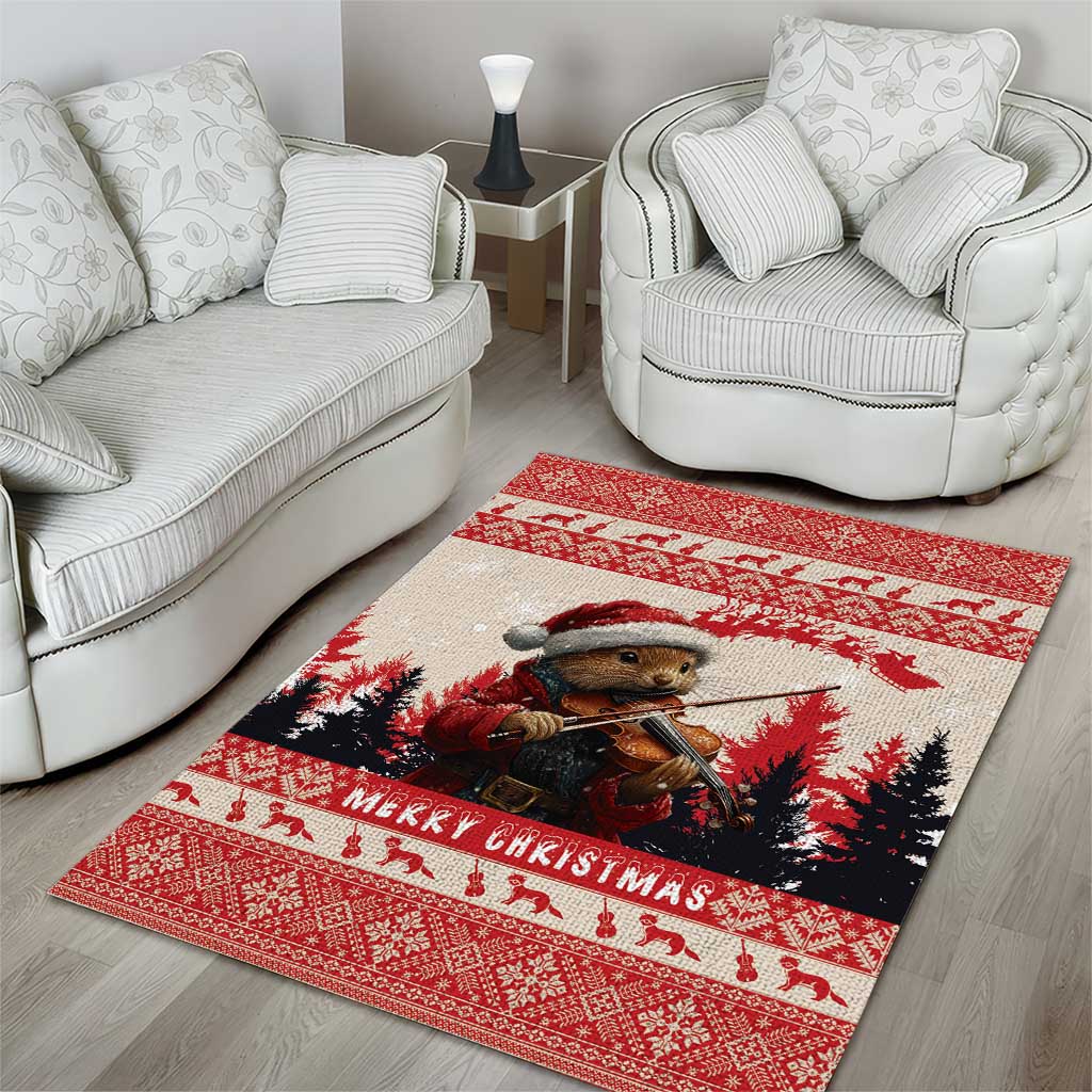 Croatia Christmas Area Rug Pine Marten Playing Violin - Red Color - Wonder Print Shop