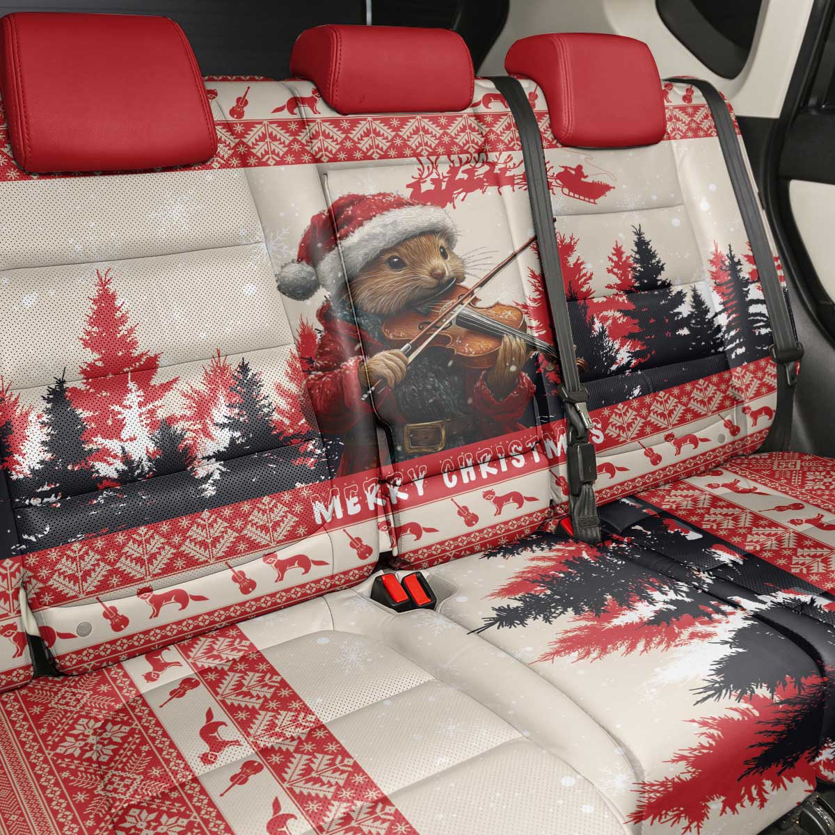 Croatia Christmas Back Car Seat Cover Pine Marten Playing Violin - Red Color - Wonder Print Shop