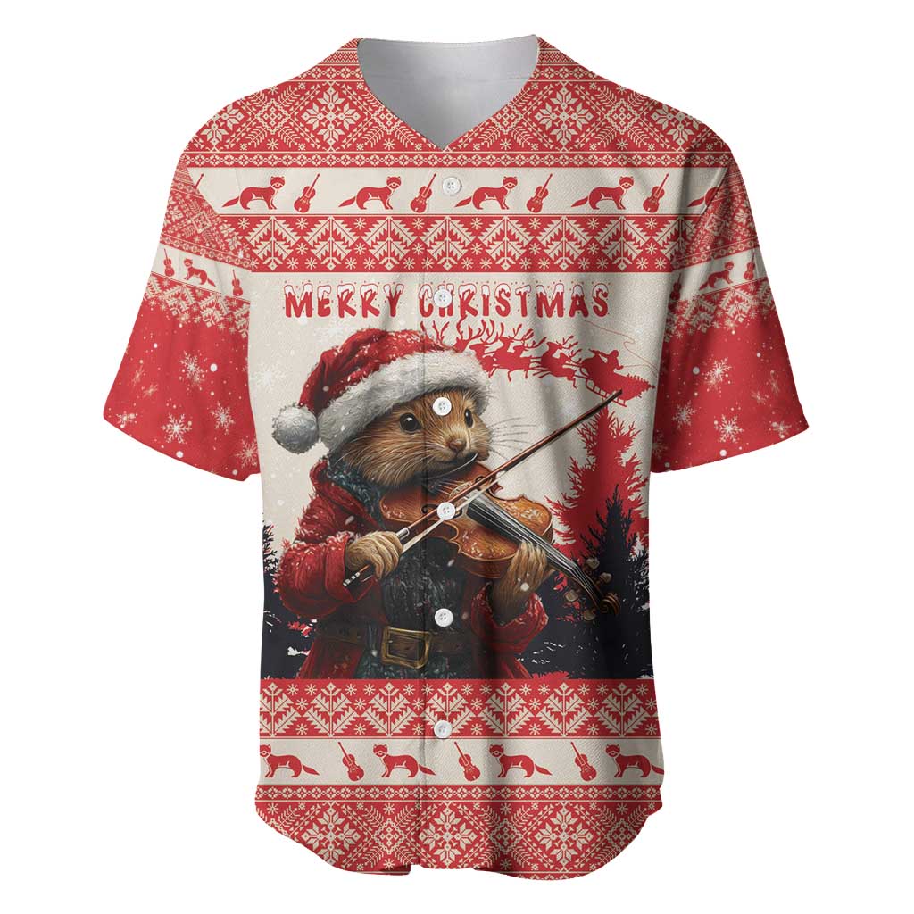 Croatia Christmas Baseball Jersey Pine Marten Playing Violin - Red Color - Wonder Print Shop