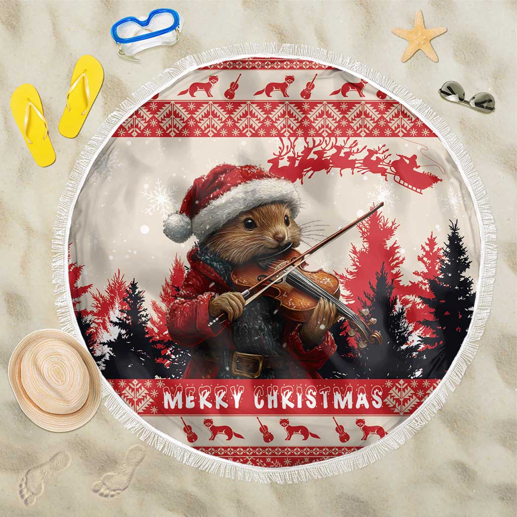 Croatia Christmas Beach Blanket Pine Marten Playing Violin - Red Color - Wonder Print Shop