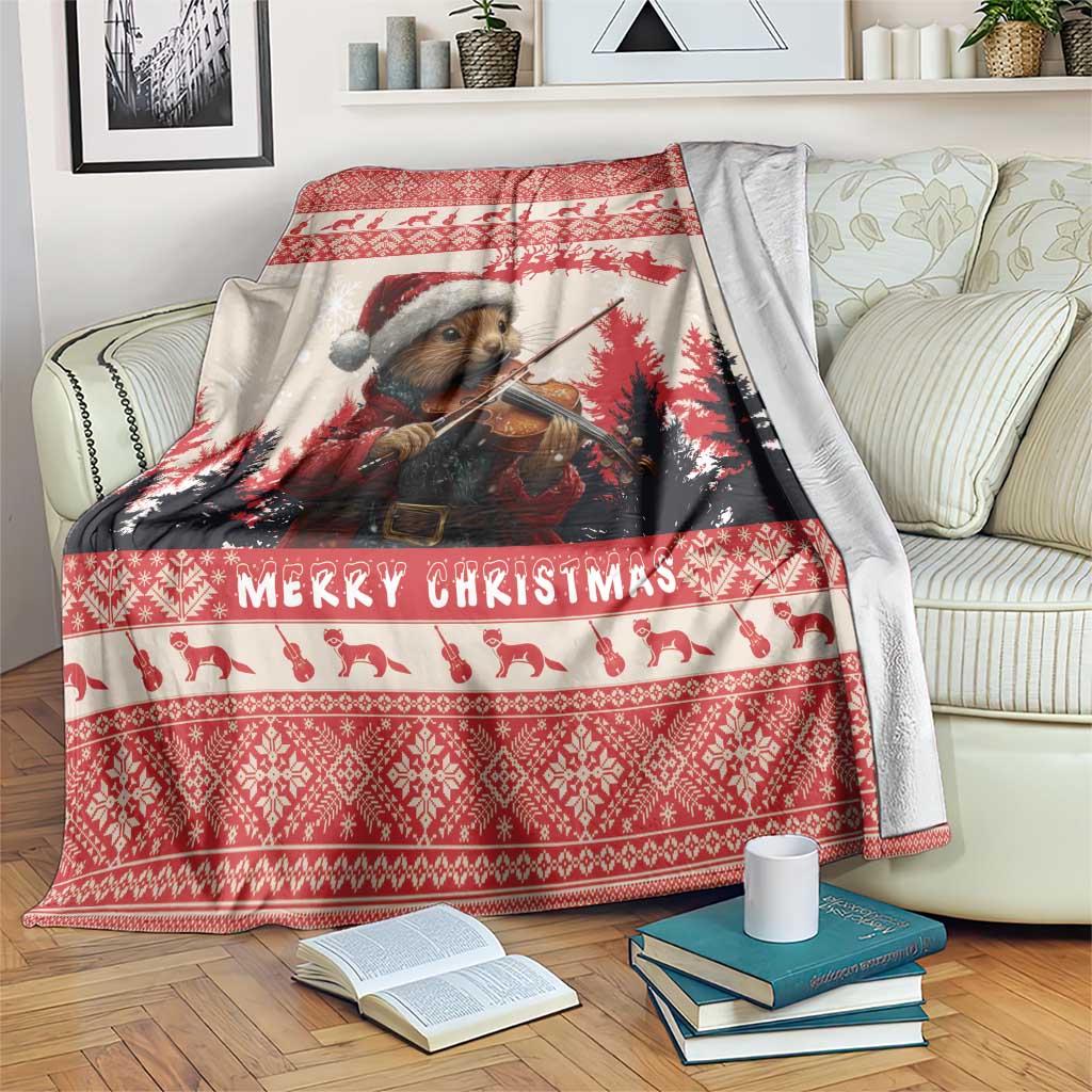 Croatia Christmas Blanket Pine Marten Playing Violin - Red Color