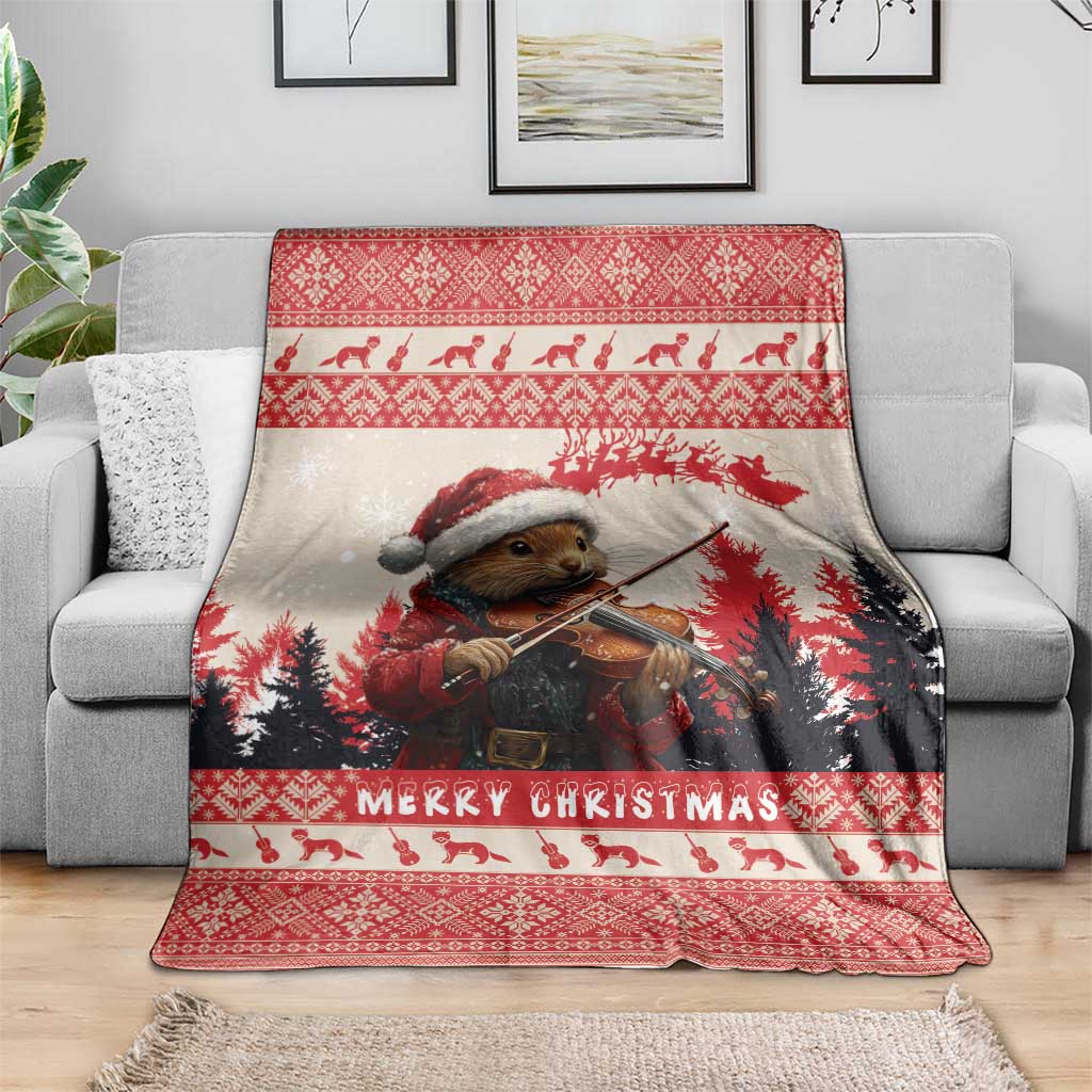 Croatia Christmas Blanket Pine Marten Playing Violin - Red Color