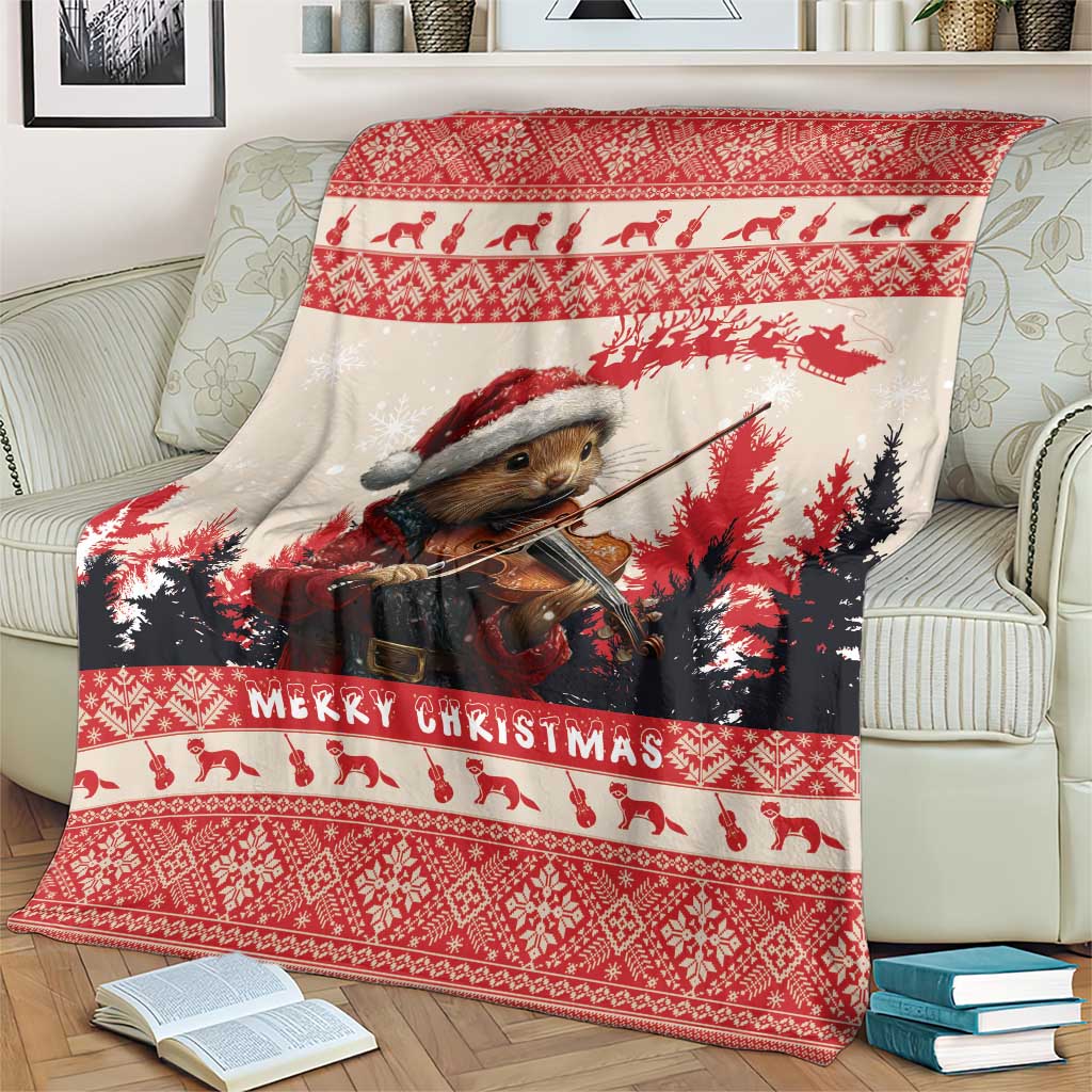 Croatia Christmas Blanket Pine Marten Playing Violin - Red Color