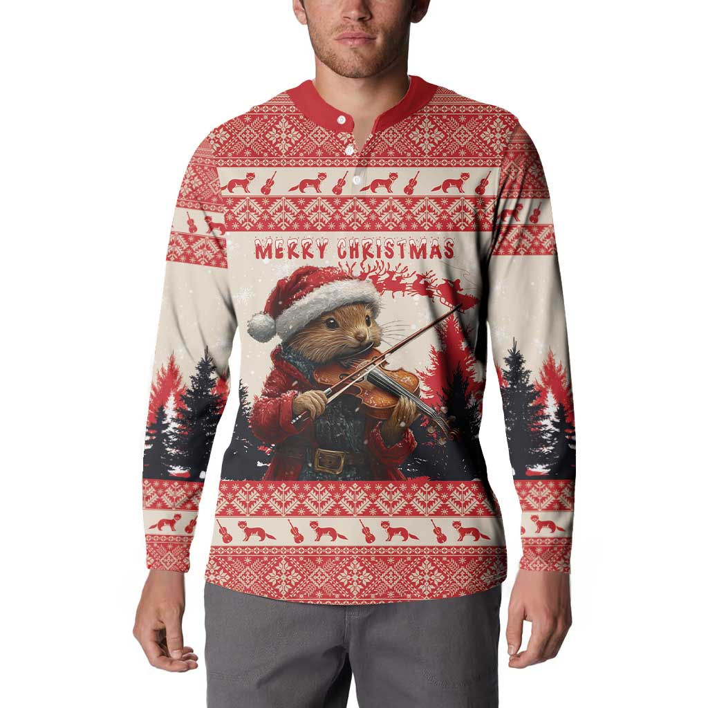 Croatia Christmas Button Sweatshirt Pine Marten Playing Violin - Red Color - Wonder Print Shop