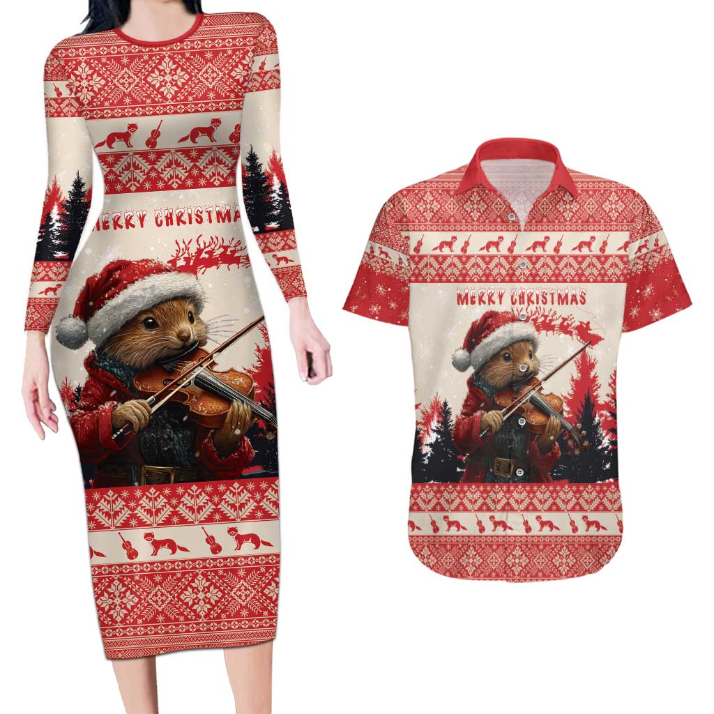Croatia Christmas Couples Matching Long Sleeve Bodycon Dress and Hawaiian Shirt Pine Marten Playing Violin - Red Color - Wonder Print Shop