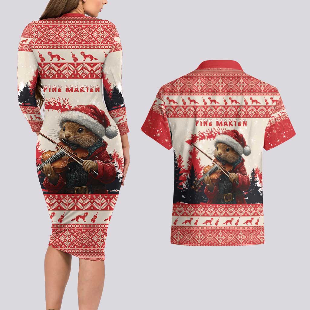 Croatia Christmas Couples Matching Long Sleeve Bodycon Dress and Hawaiian Shirt Pine Marten Playing Violin - Red Color - Wonder Print Shop