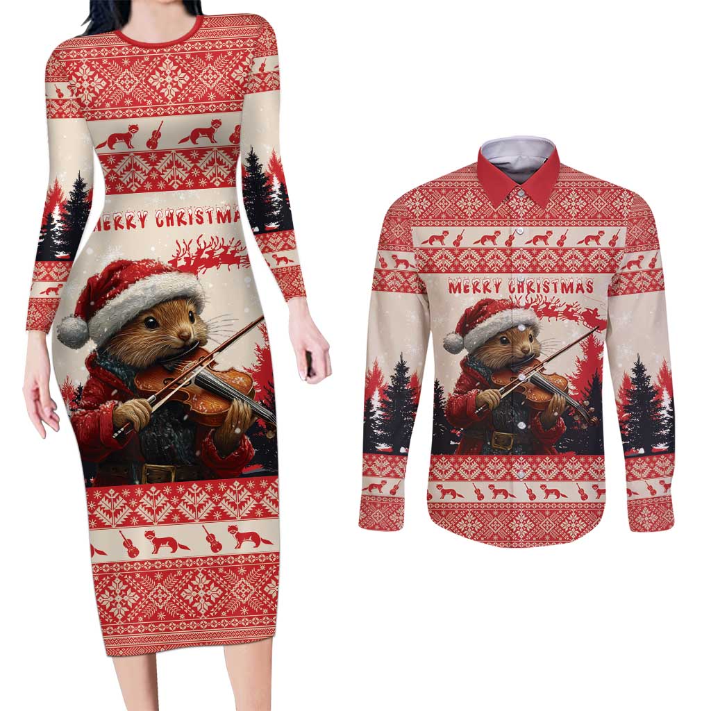 Croatia Christmas Couples Matching Long Sleeve Bodycon Dress and Long Sleeve Button Shirt Pine Marten Playing Violin - Red Color - Wonder Print Shop