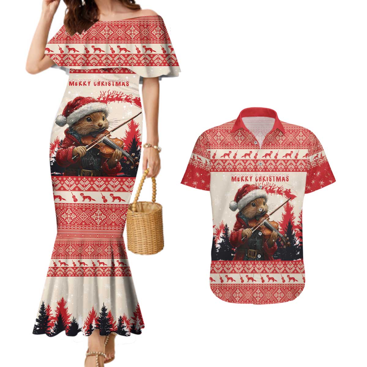 Croatia Christmas Couples Matching Mermaid Dress and Hawaiian Shirt Pine Marten Playing Violin - Red Color - Wonder Print Shop