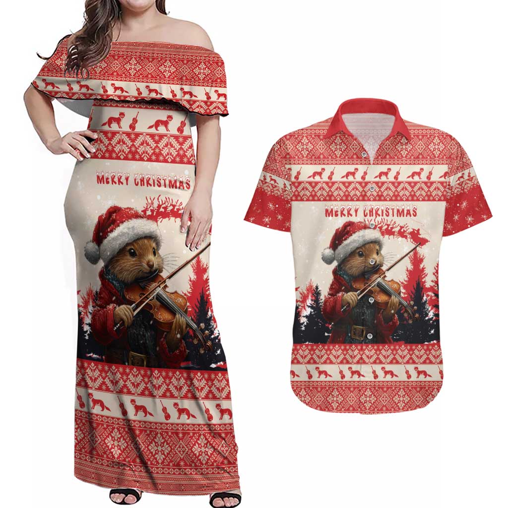 Croatia Christmas Couples Matching Off Shoulder Maxi Dress and Hawaiian Shirt Pine Marten Playing Violin - Red Color - Wonder Print Shop
