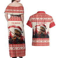 Croatia Christmas Couples Matching Off Shoulder Maxi Dress and Hawaiian Shirt Pine Marten Playing Violin - Red Color - Wonder Print Shop