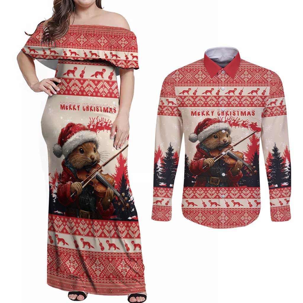 Croatia Christmas Couples Matching Off Shoulder Maxi Dress and Long Sleeve Button Shirt Pine Marten Playing Violin - Red Color - Wonder Print Shop