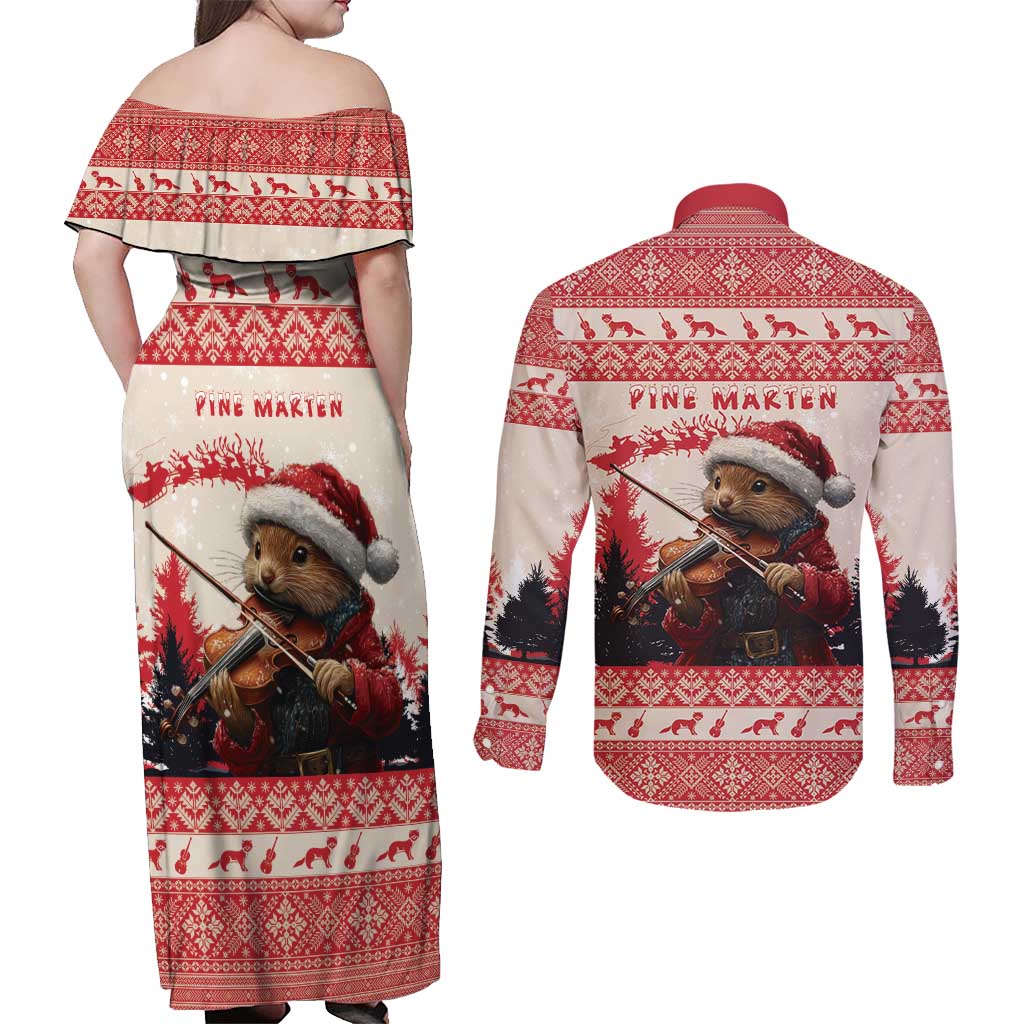 Croatia Christmas Couples Matching Off Shoulder Maxi Dress and Long Sleeve Button Shirt Pine Marten Playing Violin - Red Color - Wonder Print Shop