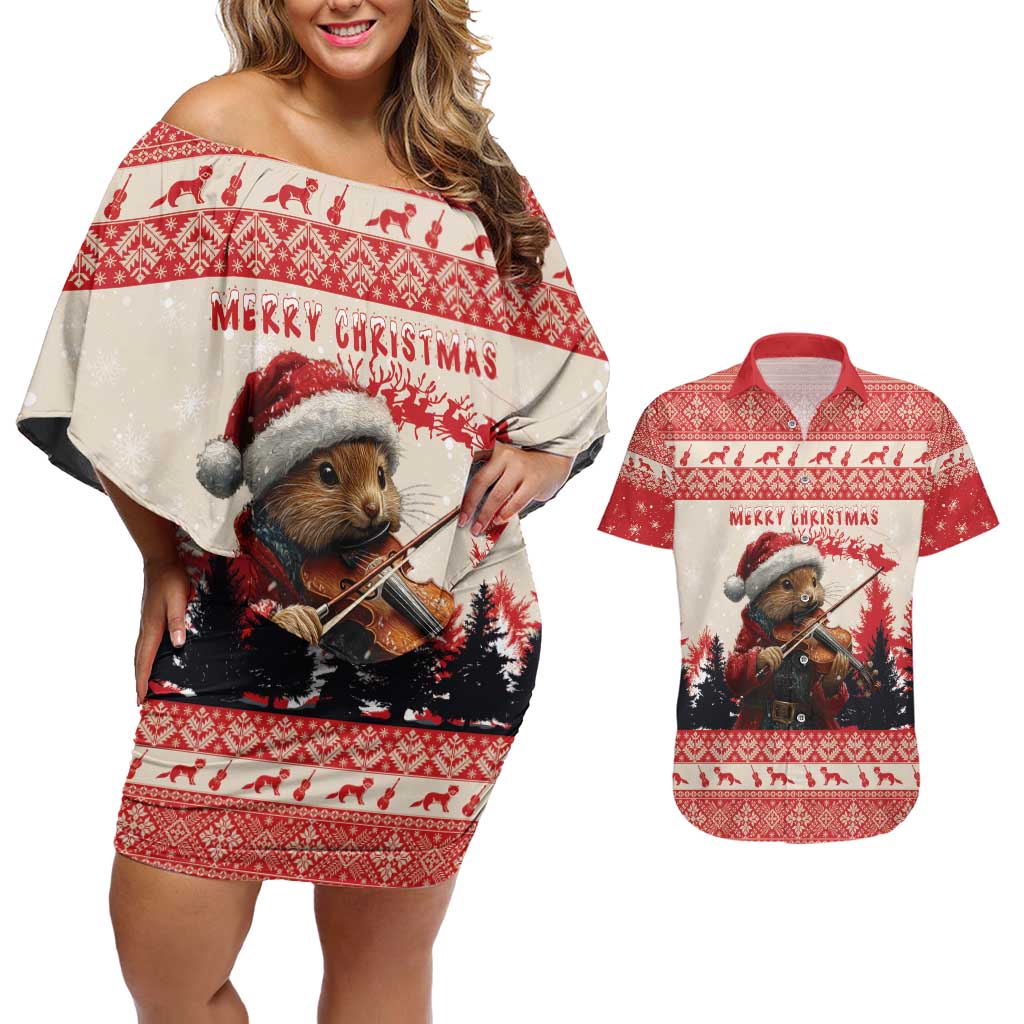 Croatia Christmas Couples Matching Off Shoulder Short Dress and Hawaiian Shirt Pine Marten Playing Violin - Red Color - Wonder Print Shop