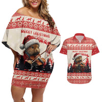 Croatia Christmas Couples Matching Off Shoulder Short Dress and Hawaiian Shirt Pine Marten Playing Violin - Red Color - Wonder Print Shop