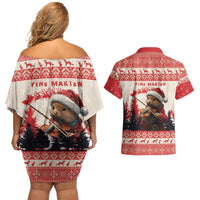 Croatia Christmas Couples Matching Off Shoulder Short Dress and Hawaiian Shirt Pine Marten Playing Violin - Red Color - Wonder Print Shop